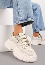 Ciemnobeżowe Sneakersy na Grubej Tłoczonej Podeszwie z Podwójnym Sznurowaniem Glefida. Brązowe obuwie sportowe damskie Born2be, bez zapięcia. Za 129.99 zł.