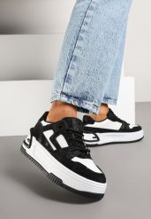 Czarno-Białe Sneakersy na Grubej Podeszwie z Perforacją i Geometrycznym Tłoczeniem Deolisa. Czarne obuwie sportowe damskie Born2be, na jesień, z jeansu, bez zapięcia. Za 89.99 zł.