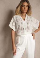 Biała Koszula z Bawełny z Ażurowym Wzorem Telannia. Białe koszule damskie Renee, w ażurowe wzory, z bawełny, eleganckie, bez kołnierzyka, bez ramiączek. Za 44.99 zł.