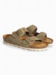 BACKSUN Skórzane klapki "Bali" w kolorze khaki rozmiar: 40. Brązowe klapki damskie Backsun, bez wzorów, z otwartym noskiem, bez obcasa, bez zapięcia. Za 197.17 zł.