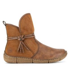 Botki Rieker. Brązowe botki damskie Rieker, bez obcasa, na płaskiej podeszwie, bez zapięcia. Za 251.99 zł.