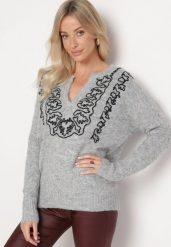 Szary Sweter z Ozdobnym Haftem i Rozcięciem z Domieszką Wełny Anninna. Szare swetry klasyczne damskie Born2be, m, z wełny, bez kołnierzyka. Za 64.99 zł.