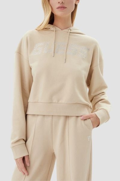 GUESS Beżowa bluza damska z cyrkoniami Primula, Rozmiar S. Brązowe bluzy damskie Guess, s, z aplikacjami, bez kaptura. W wyprzedaży za 252.99 zł.