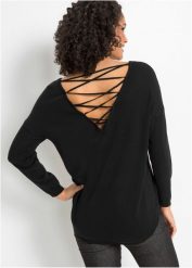 Sweter z dekoltem w serek z tyłu. Czarne swetry klasyczne damskie bonprix, bez kołnierzyka. Za 99.99 zł.
