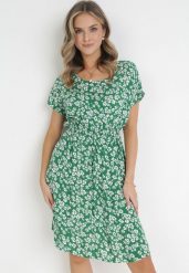 Zielona Sukienka z Wiskozy w Kwiaty i Gumką w Pasie Alixeme. Zielone sukienki damskie Born2be, bez wzorów, z wiskozy, bez ramiączek. Za 69.99 zł.