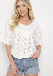 Biały Klasyczny Ażurowy T-shirt z Krótkim Rękawem Ninnia. Białe t-shirty damskie Born2be, xl, w ażurowe wzory, z jeansu, bez kołnierzyka. Za 34.99 zł.