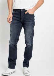 Dżinsy bojówki ze stretchem Slim Fit Straight. Niebieskie kurtki sportowe damskie bonprix, m, bez wzorów, z jeansu, bez kaptura. Za 159.99 zł.