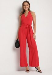 Czerwony Taliowany Kombinezon z Paskiem Wiązaniem i Odkrytymi Plecami Malurea. Czerwone sukienki damskie Born2be, bez wzorów, z jeansu, bez ramiączek. Za 119.99 zł.