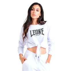 Luksusowa damska bluza wiązana z okrągłym dekoltem. Białe bluzy damskie LEONE 1947 APPAREL, l, bez wzorów, z tkaniny, bez kaptura. Za 136.83 zł.