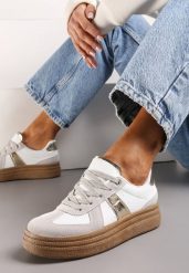 Szaro-Białe Sneakersy na Grubej Podeszwie z Ozdobnymi Przeszyciami Ysdole. Białe obuwie sportowe damskie Renee, z materiału, bez zapięcia. Za 79.99 zł.