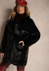 Czarny Klasyczny Płaszcz Futrzany Vennira. Czarne płaszcze damskie Renee, l, bez wzorów, z futra, bez kaptura. Za 149.99 zł.
