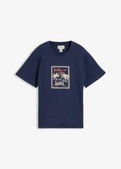 T-shirt z czystej bawełny organicznej. Niebieskie t-shirty damskie bonprix, bez wzorów, z bawełny, bez kołnierzyka. Za 19.99 zł.