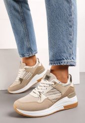 Ciemnobeżowe Sznurowane Sneakersy na Niskim Koturnie Xanthema. Brązowe obuwie sportowe damskie Born2be, z materiału, bez zapięcia. Za 129.99 zł.