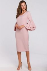 Sukienka elegancka ołówkowa z bufiastymi rękawami pudrowa. Czerwone sukienki damskie Makover, z aplikacjami, z elastanu, eleganckie, bez ramiączek. W wyprzedaży za 216.00 zł.