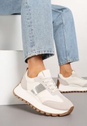 Beżowe Sneakersy na Platformie z Ozdobnymi Cyrkoniami Fenarelle. Brązowe obuwie sportowe damskie Renee, z jeansu, bez zapięcia. Za 79.99 zł.
