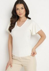 Beżowa Bluzka z Szerokimi Rękawami Sunevia. Brązowe bluzki damskie Born2be, m, bez wzorów, z jeansu, eleganckie, bez kołnierzyka, bez ramiączek. Za 29.99 zł.