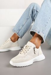 Beżowe Sneakersy Skórzane Ozdobione Suwakiem Ivelami. Brązowe obuwie sportowe casual damskie Renee, z jeansu. Za 159.99 zł.