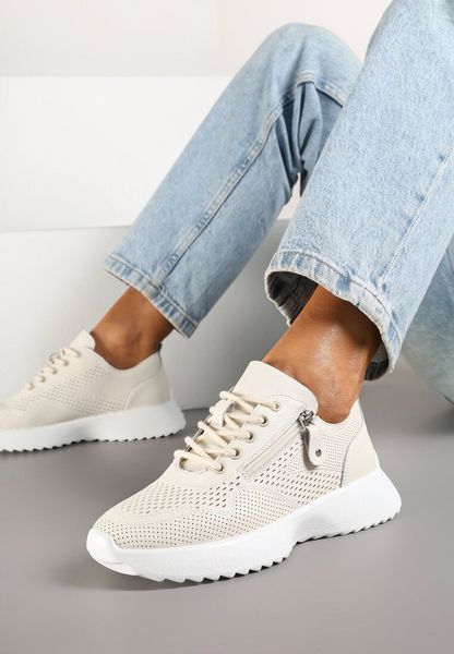 Beżowe Sneakersy Skórzane Ozdobione Suwakiem Ivelami. Brązowe obuwie sportowe casual damskie Renee, z jeansu, bez zapięcia. Za 169.99 zł.