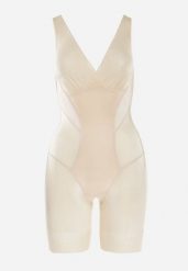 Beżowe Modelujące Body z Kopertowym Dekoltem i Koronką Tivas. Brązowe bielizna korygująca Born2be, bez wzorów, z koronki. Za 74.99 zł.