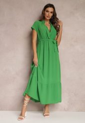 Zielona Kopertowa Sukienka z Gumką w Talii i Wiązaniem Mylelse. Zielone sukienki damskie Renee, bez wzorów, eleganckie, bez ramiączek. W wyprzedaży za 50.99 zł.