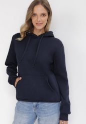 Granatowa Bluza z Kapturem Kasseia. Niebieskie bluzy damskie Born2be, l, bez wzorów, z dzianiny, z kapturem. Za 39.99 zł.