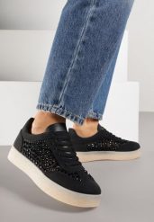 Czarne Sneakersy na Platformie z Cyrkoniami Moonblaze. Czarne obuwie sportowe damskie Renee, z jeansu, bez zapięcia. Za 99.99 zł.