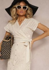 Jasnobeżowa Krótka Wiązana Bluzka z Haftowanej Tkaniny Moalma. Brązowe bluzki damskie Renee, l, bez wzorów, z jeansu, eleganckie, bez kołnierzyka, bez ramiączek. Za 79.99 zł.