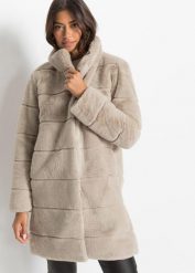 Płaszcz ze sztucznego futra. Szare płaszcze damskie bonprix, bez wzorów, bez kaptura. Za 299.99 zł.