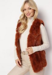 Brązowo-Pomarańczowa Kamizelka Futrzana z Wstawkami z Ekoskóry Batliewa. Brązowe kamizelki damskie Born2be, l, z aplikacjami, z futra, bez kaptura. Za 189.99 zł.