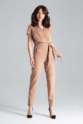 Brązowy Elegancki Kombinezon z Kopertowym Dekoltem. Brązowe kombinezony damskie Katrus, l, bez wzorów, z materiału, eleganckie, bez kołnierzyka, bez ramiączek. Za 299.00 zł.