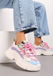 Biało-Różowe Sneakersy na Grubej Podeszwie z Ozdobnym Sznurowaniem przed Kostkę Mystarie. Białe obuwie sportowe damskie Born2be, przed kostkę, bez zapięcia. Za 99.99 zł.