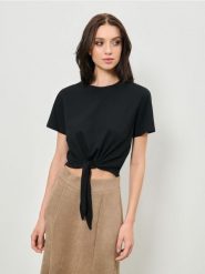 Koszulka wiązana w talii - czarny. Czarne koszulki damskie Sinsay, l, bez wzorów, bez kołnierzyka, bez ramiączek. Za 25.99 zł.