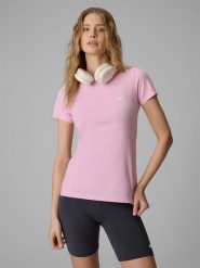 4F T-shirt slim gładki damski - różowy XS. Czerwone t-shirty damskie 4F, xs, bez wzorów, z materiału, bez kołnierzyka. Za 49.99 zł.