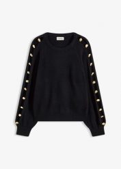 Sweter z metalowymi perełkami. Czarne swetry klasyczne damskie bonprix, bez kołnierzyka. Za 159.99 zł.