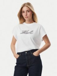 KARL LAGERFELD T-Shirt Rhinestone B4W17048 Biały Relaxed Fit. Białe t-shirty damskie KARL LAGERFELD, xl, bez wzorów, z bawełny, bez kołnierzyka. Za 429.99 zł.