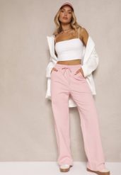 Różowe Bawełniane Spodnie o Szerokim Kroju High Waist z Lampasami Pillorra. Czerwone spodnie materiałowe damskie Renee, bez wzorów, z bawełny. Za 119.99 zł.
