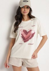 Jasnobeżowy T-shirt z Ozdobnym Nadrukiem Palithiela. Brązowe t-shirty damskie Born2be, l, bez wzorów, z jeansu, bez kołnierzyka. Za 29.99 zł.
