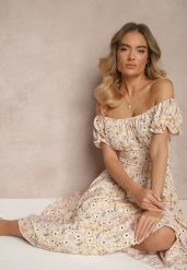 Żółta Rozkloszowana Sukienka w Kwiatowy Print z Bawełną i Dekoltem Łódką z Bufkami Saniren. Żółte sukienki damskie Renee, bez wzorów, z bawełny, eleganckie, bez ramiączek. W wyprzedaży za 55.99 zł.