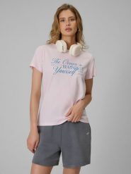 4F T-shirt regular z nadrukiem damski - różowy L. Czerwone t-shirty damskie 4F, l, bez wzorów, z bawełny, bez kołnierzyka. Za 59.99 zł.