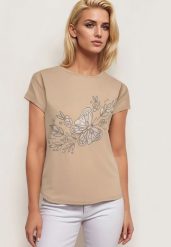 Beżowy Klasyczny Bawełniany T-shirt z Nadrukiem Wiloa. Brązowe t-shirty damskie Born2be, l, bez wzorów, z bawełny, bez kołnierzyka. Za 34.99 zł.
