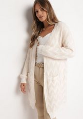 Jasnobeżowy Niezapinany Kardigan Przed Kolano w Paski Chevron Afesura. Brązowe kardigany damskie Born2be, bez wzorów, z dzianiny. Za 99.99 zł.