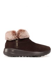 Skechers Botki On The Go Joy 144003/CHOC Brązowy. Brązowe botki damskie Skechers, ze skóry, bez obcasa, na płaskiej podeszwie, bez zapięcia. Za 203.99 zł.