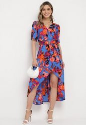 Niebiesko-Pomarańczowa Sukienka z Kopertowym Dekoltem i Asymetrycznym Dołem z Gumką w Talii Coralen. Niebieskie sukienki damskie Born2be, bez wzorów, eleganckie, bez ramiączek. Za 69.99 zł.