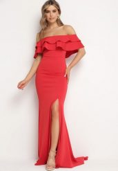 Czerwona Elegancka Sukienka Typu Hiszpanka z Rozkloszowanym Dołem i Wycięciami Tumini. Czerwone sukienki damskie Born2be, bez wzorów, z dzianiny, eleganckie, bez ramiączek. Za 239.99 zł.