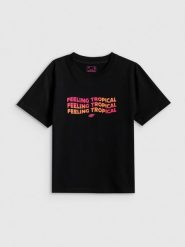 4F T-shirt boxy z nadrukiem damski - czarny M. Czarne t-shirty damskie 4F, m, bez wzorów, z bawełny, bez kołnierzyka. Za 69.99 zł.