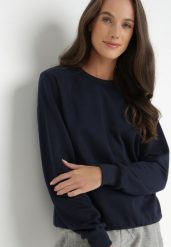 Granatowa Bluza Sotear. Niebieskie bluzy damskie Born2be, na zimę, l, bez wzorów, z dzianiny, bez kaptura. Za 34.99 zł.