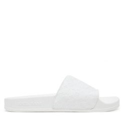 Klapki Karl Kani. Białe klapki damskie Karl Kani, bez wzorów, bez obcasa, bez zapięcia. Za 129.99 zł.