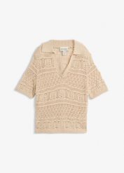 Sweter ażurowy z kołnierzykiem polo, z domieszką bawełny. Brązowe swetry klasyczne damskie bonprix, z bawełny, bez kołnierzyka. Za 54.99 zł.