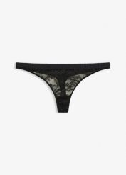 Stringi mini z miękką koronką. Czarne stringi bonprix, bez wzorów, z koronki. Za 32.99 zł.