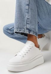 Biało-Złote Sneakersy na Platformie z Brokatową Wstawką Tilorea. Białe obuwie sportowe damskie Born2be, przed kostkę, bez zapięcia. Za 79.99 zł.